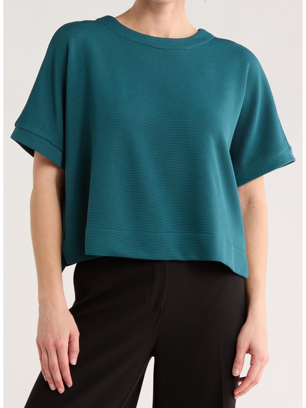 Adrianna Papell Ottoman Rib Button Back Boxy Fit Top Teal Green Size L